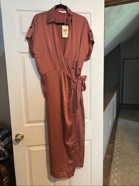entro Rust Wrap Midi Dress with Tie Waist